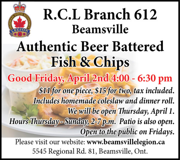 An advertisment for the Beamsville Legion's upcoming Good Friday Fiah & Chips dinner.