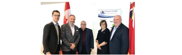 MPP Sam Oosterhoff, Lincoln Chamber president Jarod Brandon, Reg. Coun. Rob Forster, Mayor Sandra Eason & MPP Dean Allison